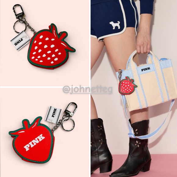 PINK Victoria's Secret Accessories - 🍓PINK VICTORIA’S SECRET Zip Pouch Keychain Bag Charm Strawberry Bright Red